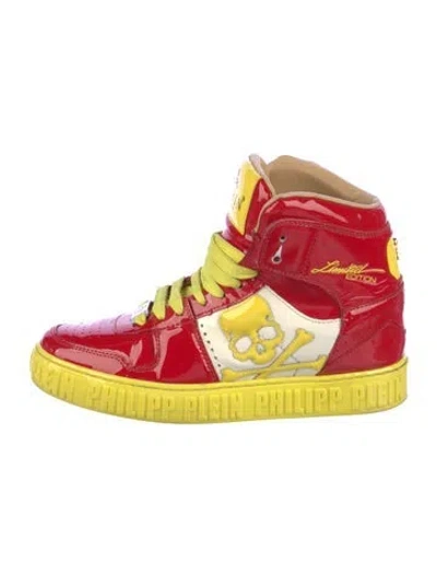 Pre-owned Philipp Plein Patent Leather Printed Wedge Sneakers In Red