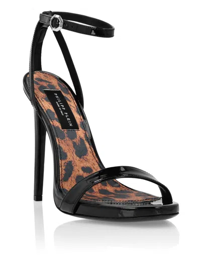 Philipp Plein Patent Leather Sandals High Heels Leopard In Black