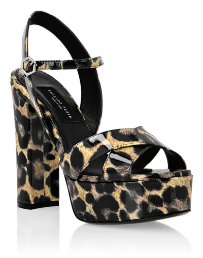 Philipp Plein Patent Leather Sandals High Heels Leopard In Multi