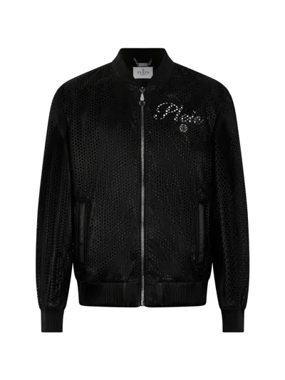 Philipp Plein Perforated Leather Nylon Bomber In Black