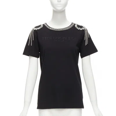 Pre-owned Philipp Plein Phillip Plein Femme Logo Embroidery Clear Crystal Fringe Embellished Tshirt Xs In Black