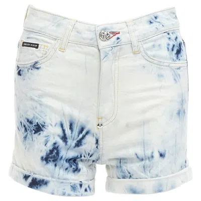 Pre-owned Philipp Plein Phillip Plein Hot Pants Blue Acid Washed Logo Tag Cuffed Shorts 25"