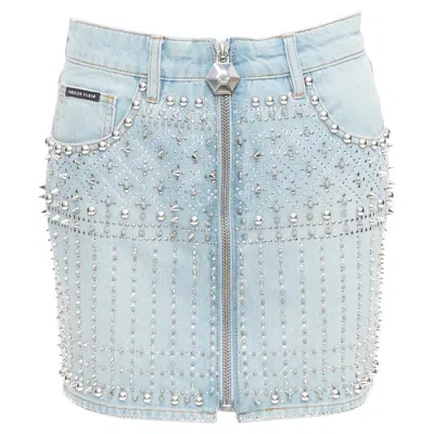 Pre-owned Philipp Plein Phillip Plein New Skirt Blue Cotton Stud Crystal Front Zip Skirt 25"