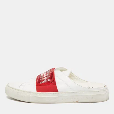 Philipp Plein Phillip Plein White/red Leather Crystal Embellished Logo Sneaker Mules