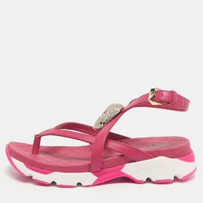 Philipp Plein Pink Leather Crystal Skull Flat Sandals
