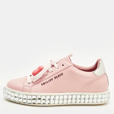 Philipp Plein Pink/silver Leather And Patent Leather Crystal Platform Lace Up Sneakers