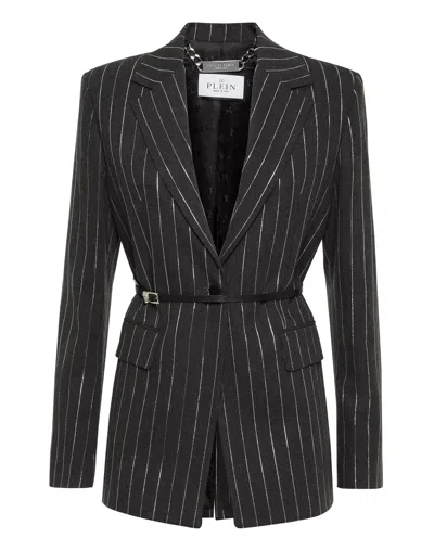 Philipp Plein Pinstriped Belted Blazer In Multi