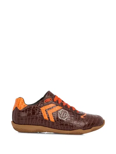 Philipp Plein Pit-$top Croc-print Logo Low-top Sneakers In Brown