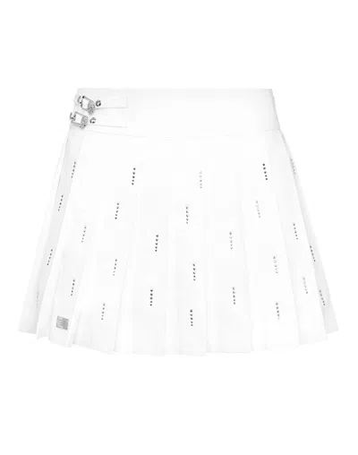 Philipp Plein Pleated Mini Skirt Strass Skull In White
