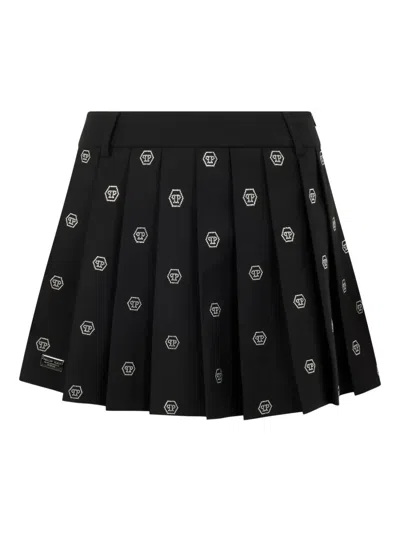 Philipp Plein Pleated Mini Skirt Small Monogram Strass Monogram Strass In Black