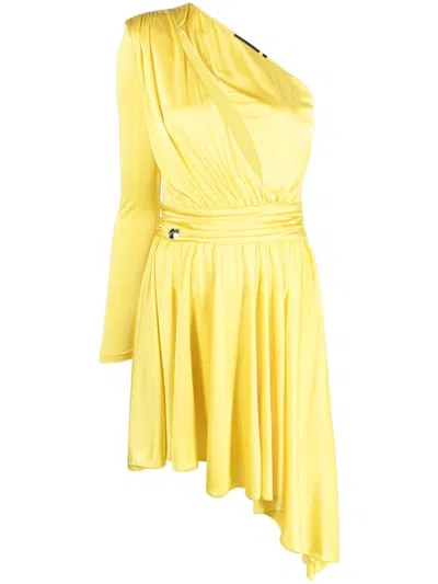 Philipp Plein Pleated One-shoulder Dress In Yellow
