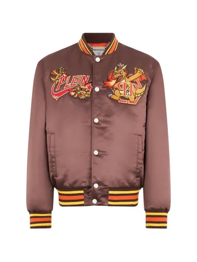 Philipp Plein Satin Bomber Plein Dragon Stones In Brown