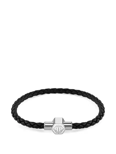 Philipp Plein Plein Enigma Braided Leather Bracelet In Black