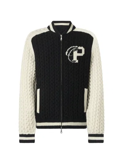 Philipp Plein Wool Blend Knitted Bomber Plein Star In Black