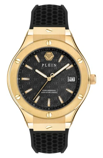 PHILIPP PLEIN PHILIPP PLEIN PLEIN UNDERDOG BLACK DIAL SILICONE STRAP WATCH, 44MM