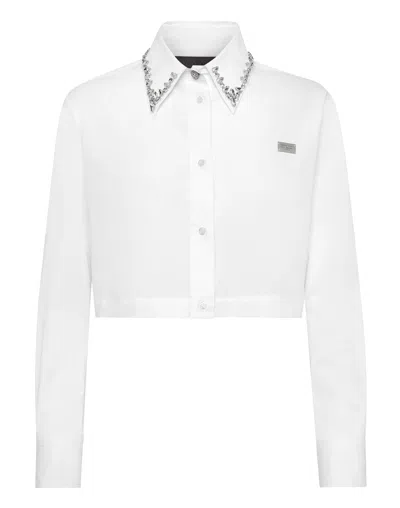 Philipp Plein Crystal-embellished Cropped Shirt In White