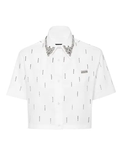 Philipp Plein Poplin Cropped Shirt Ss Strass In White