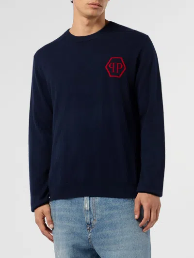 Philipp Plein Cashmere Roundneck Pullover Jacquard Hexagon Men In Blue