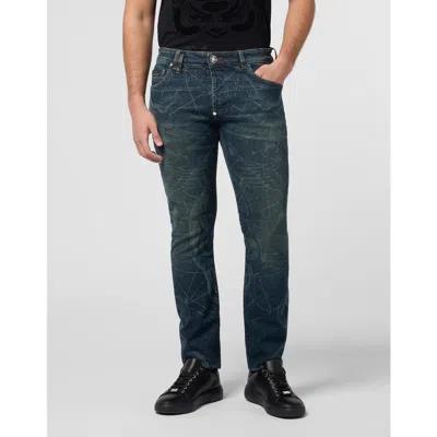 Philipp Plein Printed Super Straight Cut Jeans Tattoo Men In Blue