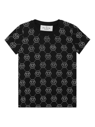 Philipp Plein Kids' Pure Monogram Strass T-shirt In Schwarz