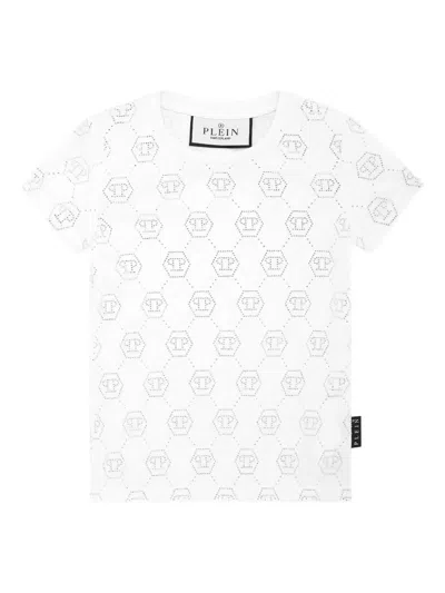 Philipp Plein Kids' Pure Monogram Strass T-shirt In Weiss