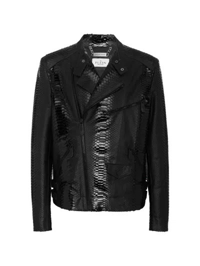 Philipp Plein Python Leather Biker Jacket In Black
