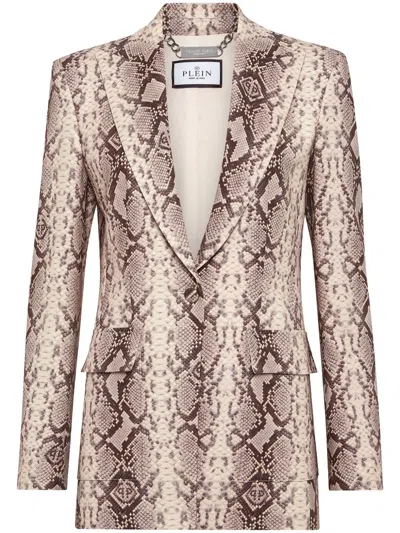 Philipp Plein Python-print Satin Blazer In Nude