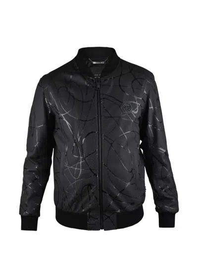 Philipp Plein Python-effect Leather Bomber Jacket In Black