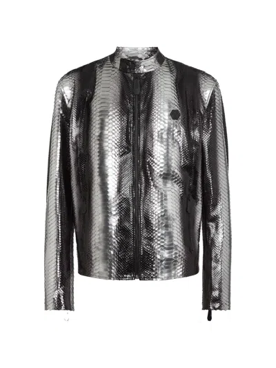 Philipp Plein Python-leather Biker Jacket In Black