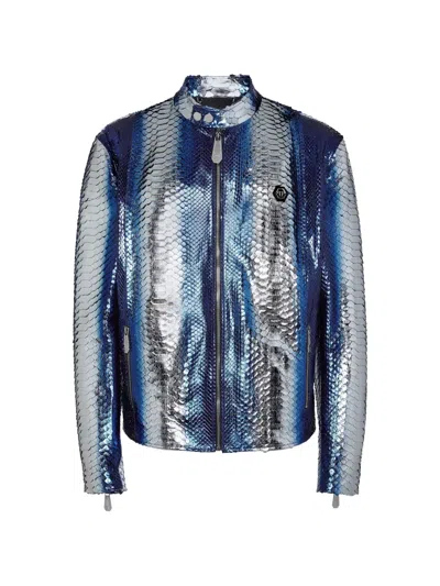 Philipp Plein Python-leather Biker Jacket In Blue