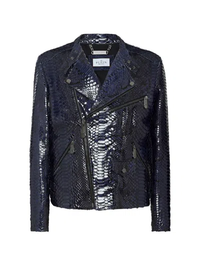 Philipp Plein Python-leather Biker Jacket In Blue