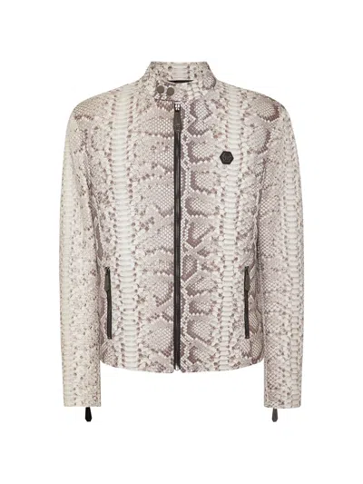 Philipp Plein Python-leather Biker Jacket In Brown