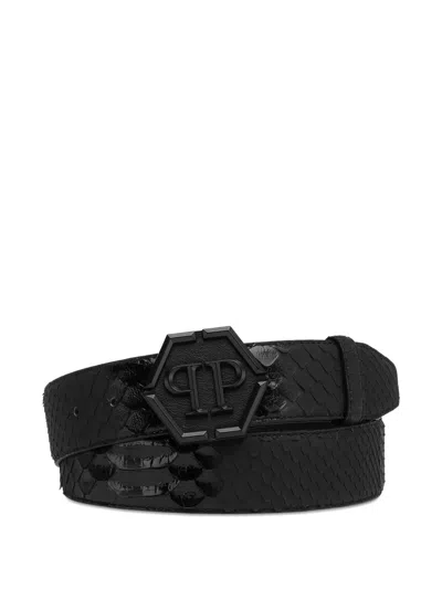 Philipp Plein Python-leather Logo-buckle Belt In Black