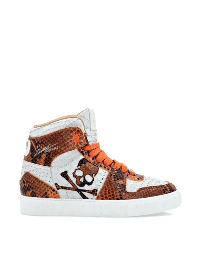 Philipp Plein Python-leather Skull Sneakers In Brown
