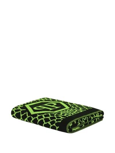 Philipp Plein Python-print Hexagon-logo Beach Towel In Green