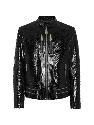 Philipp Plein Python-skin Biker Jacket In Black