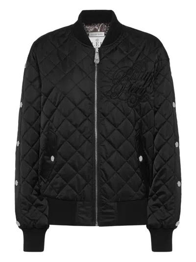 Philipp Plein Quilted Embroidered Bomber Jacket In Black