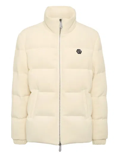Philipp Plein Quilted Embroidered Puffer Jacket In Neutral
