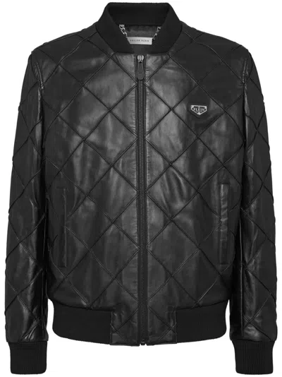 Philipp Plein Quilted Leather Bomber Jacket In Black