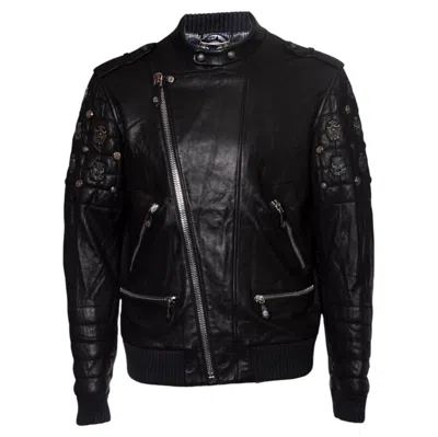 Pre-owned Philipp Plein , Quilted Leather Bomber Jacket In Black