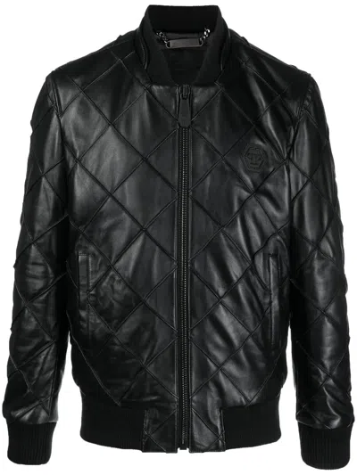 Philipp Plein Quilted Leather Bomber Jacket In Black