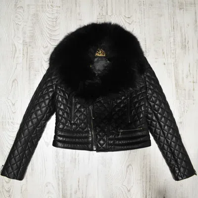 Pre-owned Philipp Plein Real Fox Fur Collar Women's Black Genuine Leather Biker Jacket