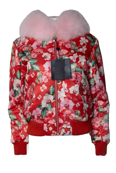 Philipp Plein , Red Orchid Printed Bomber With Fur In Multi
