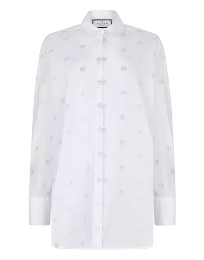 Philipp Plein Regular Fit Shirt Monogram Crystal In White