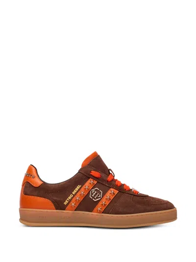 Philipp Plein Retro Rebel Suede Sneakers With Applied Stars In Brown
