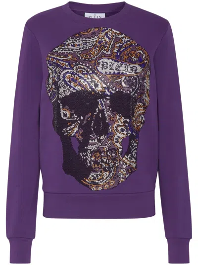 Philipp Plein Rhinestone-embellished Cotton Sweatshirt In Purple