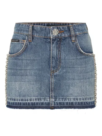 Philipp Plein Rhinestone-embellished Denim Skirt