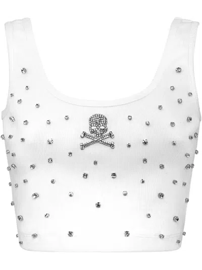 Philipp Plein Rhinestone-embellished Jersey Top In White