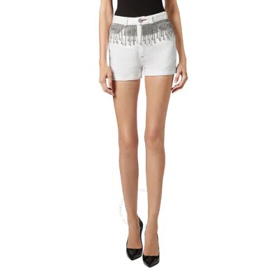Philipp Plein Rhinestone Fringes Hot Denim Hot Pants In White
