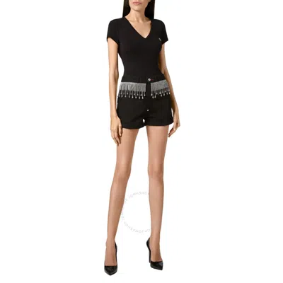 Philipp Plein Rhinestone Fringes Hot Denim Hot Pants In Black